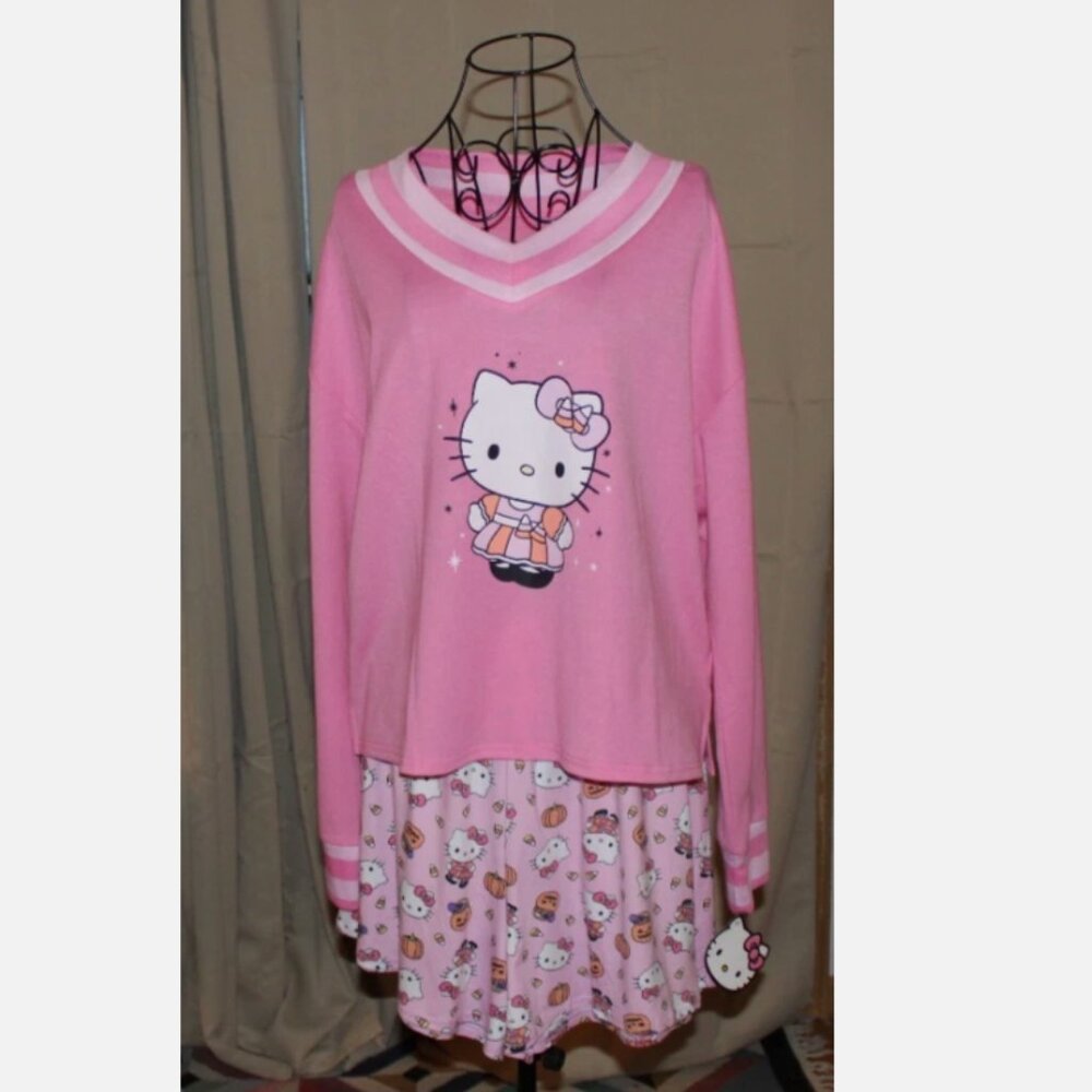 Hello Kitty PJ's Pajamas Pink Shorts Long Sleeve Top NWT Sz L Pumpkins & Kitties
